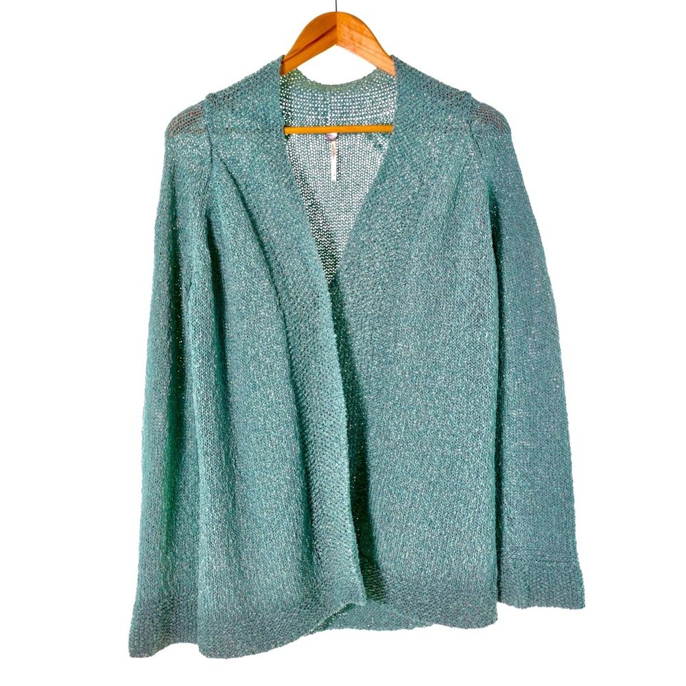 Margaret O’Leary Texture Knit Teal Green Open-Front Cardigan Sweater Womens S